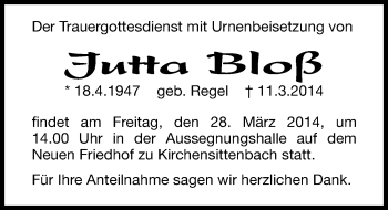 Traueranzeige von Jutta Bloß von N-Land